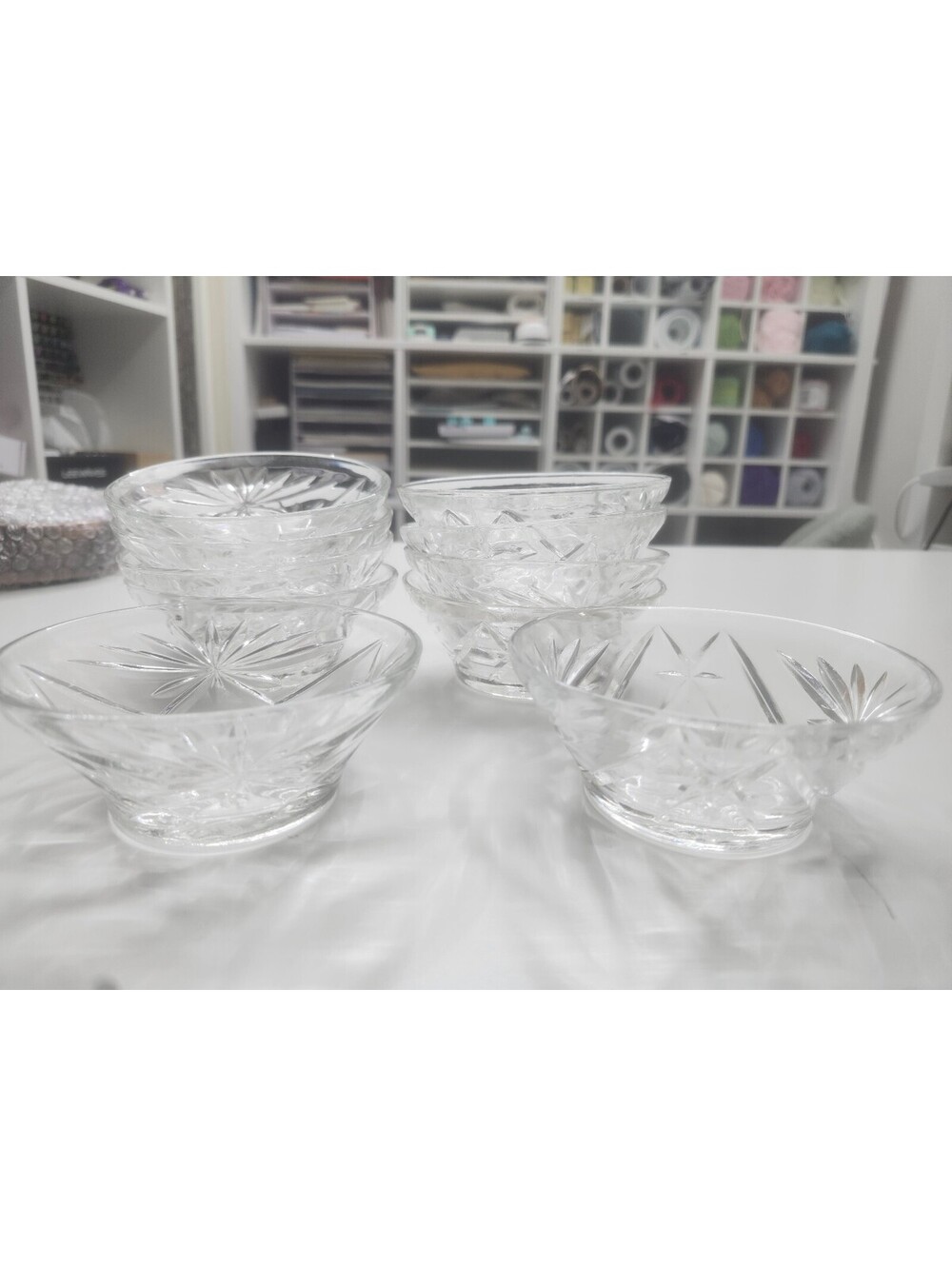 Set of 10 Vintage Clear Glass Bowls with Starburst Design